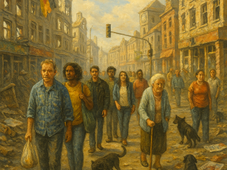 Zwischen Trümmern und Hoffnung gehen Menschen verschiedenster Herkunft gemeinsam durch die Straßen. Die Sonne taucht die Ruinen in warmes Licht – als wolle sie sagen: Verfall ist nicht das Ende. Wandel beginnt dort, wo Menschen sich begegnen.