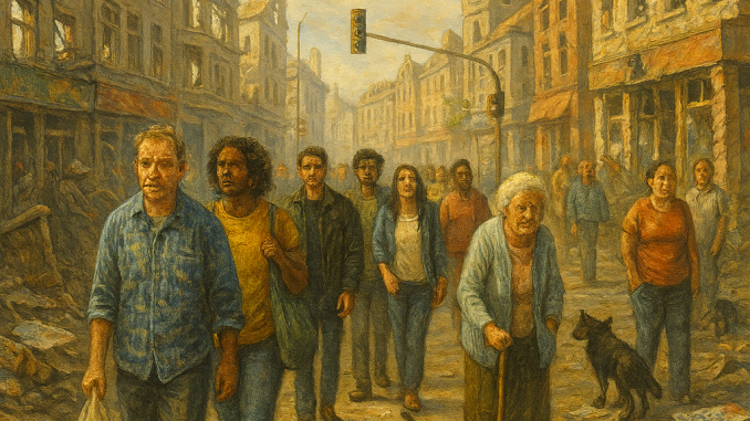 Zwischen Trümmern und Hoffnung gehen Menschen verschiedenster Herkunft gemeinsam durch die Straßen. Die Sonne taucht die Ruinen in warmes Licht – als wolle sie sagen: Verfall ist nicht das Ende. Wandel beginnt dort, wo Menschen sich begegnen.